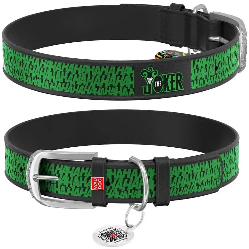Ошейник для собак Waudog Design кожаный с QR паспортом, рисунок Джокер, XL, Ш 35 мм, Дл 44-58 см - фото 1