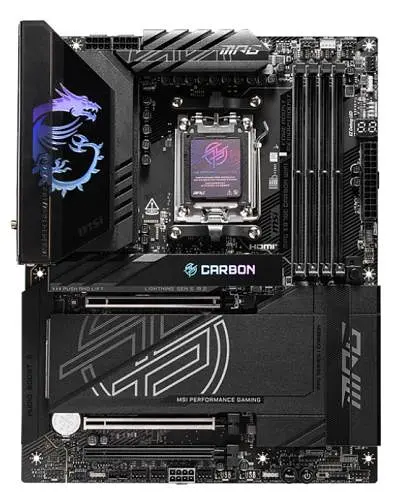 Материнська плата AM5 MSI MPG X870E CARBON WIFI, X870E, 4xDDR5, Int.Video (CPU), 4xSATA3, 4xM.2, 2xPCI-E 5.0x16, 1xPCI-E 4.0x16, ALC40 8126 5G + Realtek 8125 2.5G, HDMI/2xType-C, ATX - фото 2
