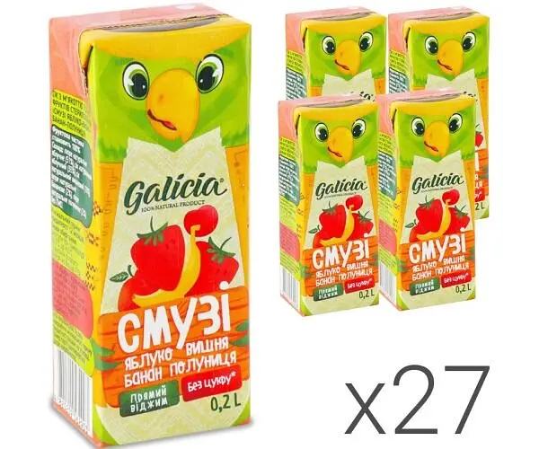Galicia, Упаковка 27 шт. х 200 мл, Смузі Яблуко-вишня-банан-полуниця, без цукру - фото 2