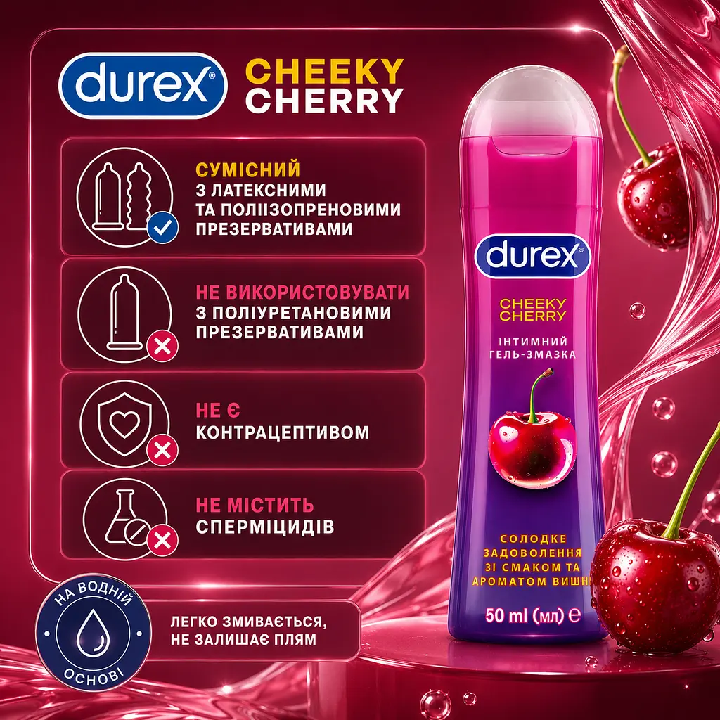 Лубрикант DUREX Cheeky Cherry 50 мл інтимна гель-змазка на водній основі зі смаком та ароматом вишні - фото 5