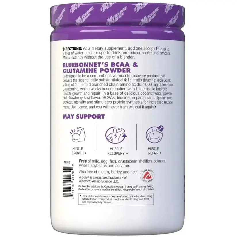 Амінокислоти BCAA Bluebonnet Nutrition Extreme Edge BCAA + Glutamine Powder Strawberry Kiwi 375 г - фото 3