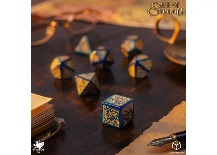 Набір кубиків Call of Cthulhu 7th Edition - Blue-green & Gold Dice Set (7 шт.) (SCTR22) - фото 6