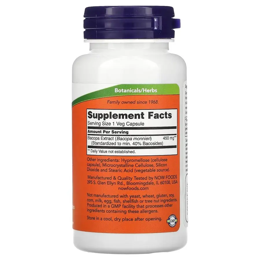Натуральная добавка NOW Bacopa Extract 450 mg, 90 вегакапсул - фото 2
