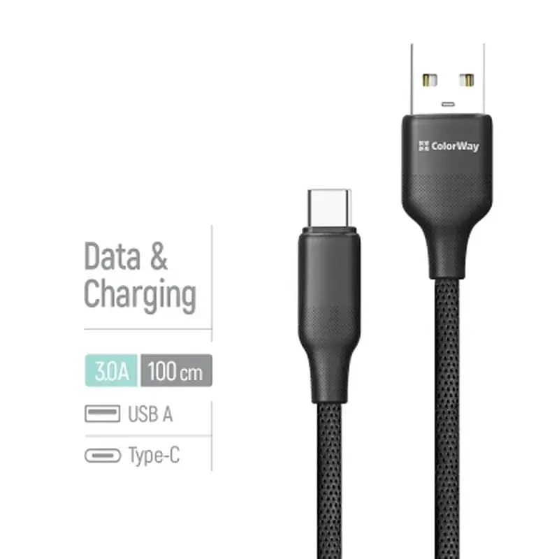 Дата кабель USB 2.0 AM to USB-C 1.0m 3A TPE embossed black ColorWay (CW-CBUC101-BK) - фото 4