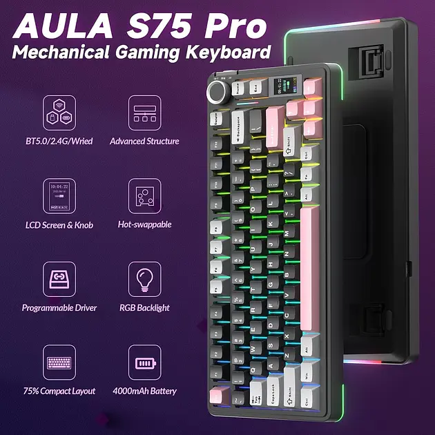 Механічна бездротова клавіатура AULA S75 Pro / 75% / Три режими підключення / Seyia Switch / Black Pink - фото 3