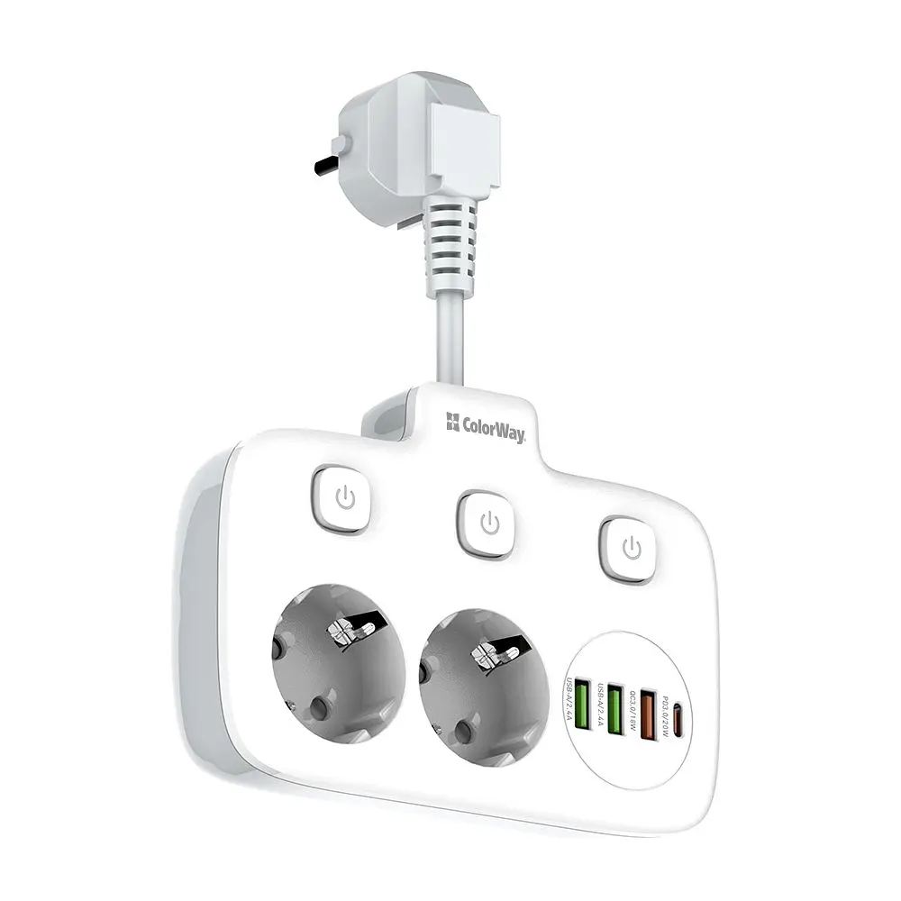 Мережевий фільтр СolorWay 2 розетки / 3USB / 1xTYPE-C White (CW-CHE24PDW) - фото 3