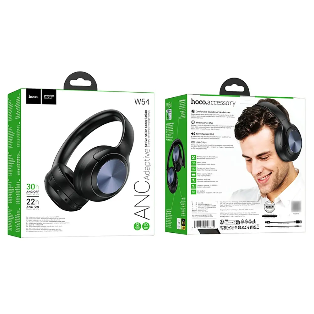 Навушники накладні Hoco W54, Bluetooth 5.4, ANC, 400 mAh, 30h black - фото 3