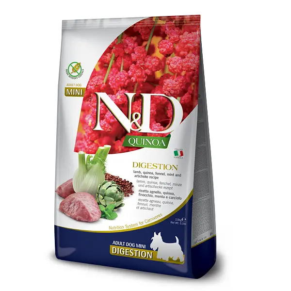 Сухий дієтичний корм Farmina N&D Quinoa Digestion для дорослих собак дрібних порід у разі порушень травлення ягням та кіноа, 2,5 кг