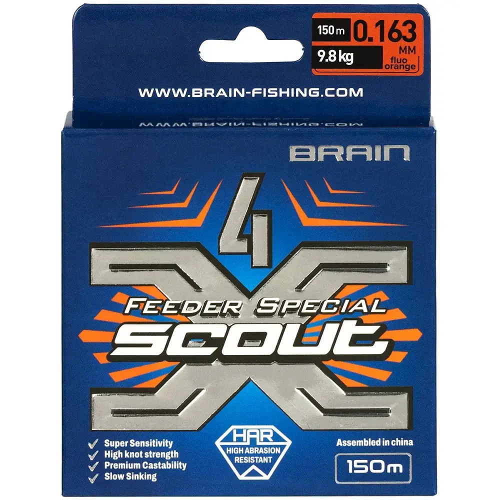 Шнур Brain Scout 4X 150 м (fluoro Orange) 0.163 мм 9.8 кг - фото 2