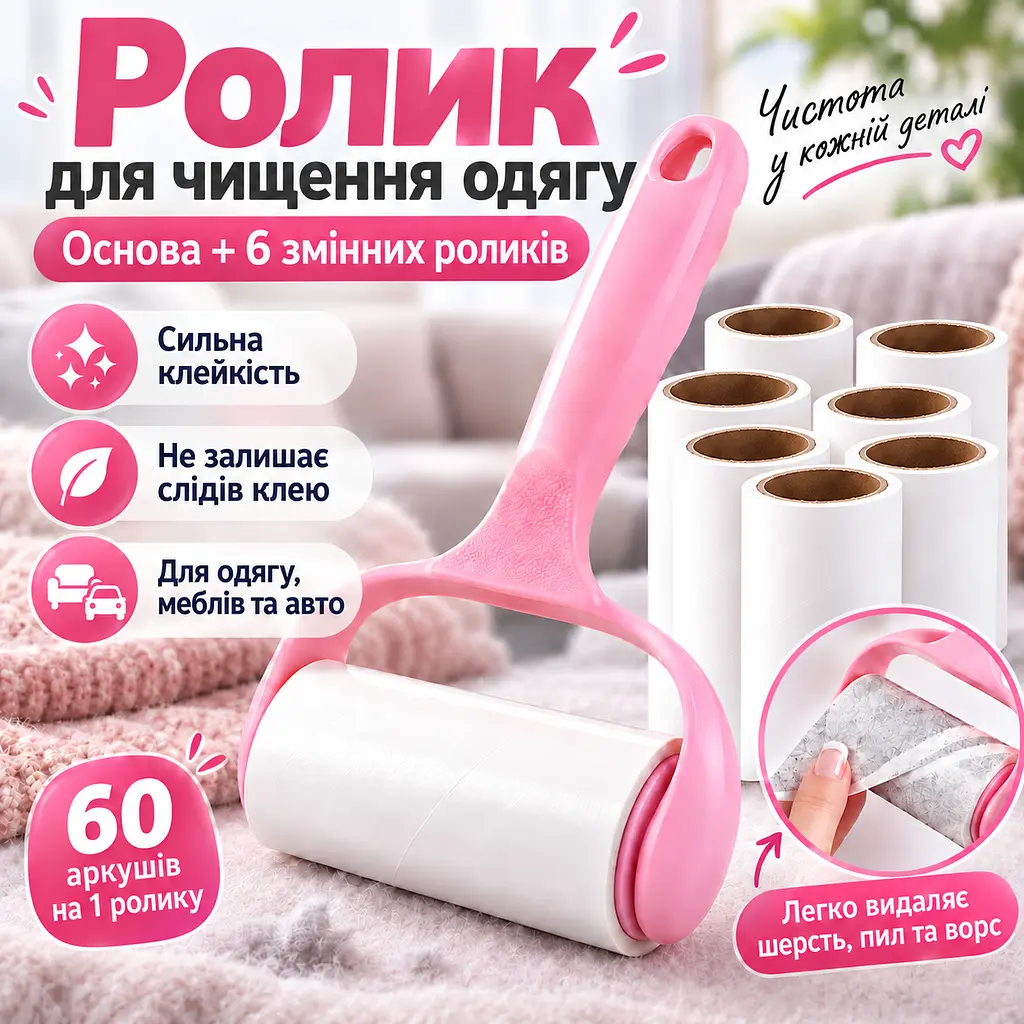 Ролик липучка для чищення одягу від шерсті та ворсу з ручкою + 6 змінних ролика по 60 аркушів KT9004406