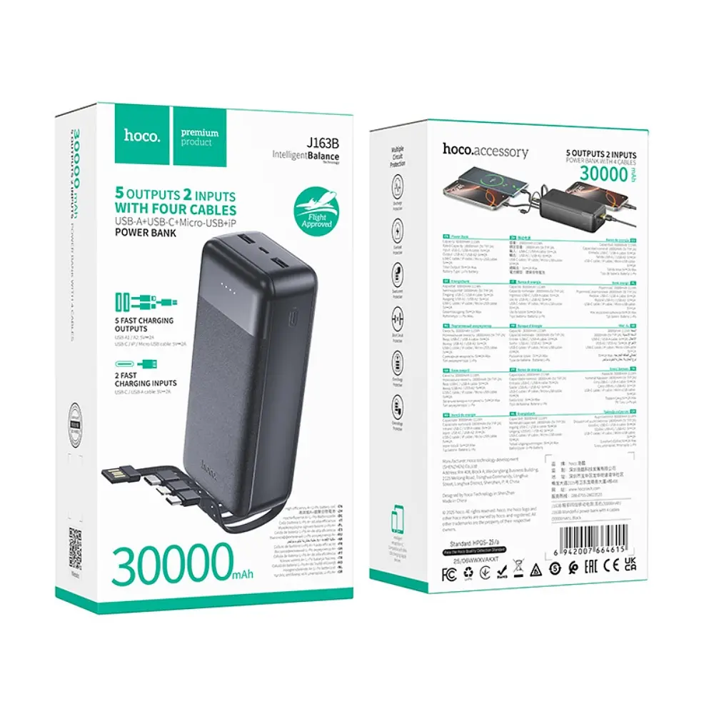 Зовнішній акумулятор HOCO J163B Wonderful power bank with 4 cables(30000mAh) Black (6942007664615) - фото 2