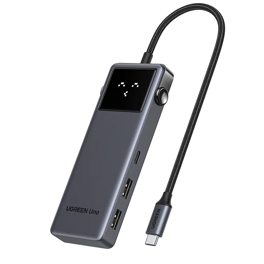 USB-C хаб UGREEN Uno CM889 концентратор 7 в 1 вихід HDMI до 4K 60 Гц 2 USB-A 3.0 та USB-C 3.0 для даних до 5 Гбіт/с кардридер SD/TF вхід живлення USB-C PD 3.0 до 100 Вт заряджання через порт USB-C для даних до 20 Вт для HDMI потрібен USB-C хоста з відеовиходом блокування екрана однією кнопкою LED-дисплей стану підключень для Windows/macOS/Linux темно-сірий із чорною передньою панеллю (75179)
