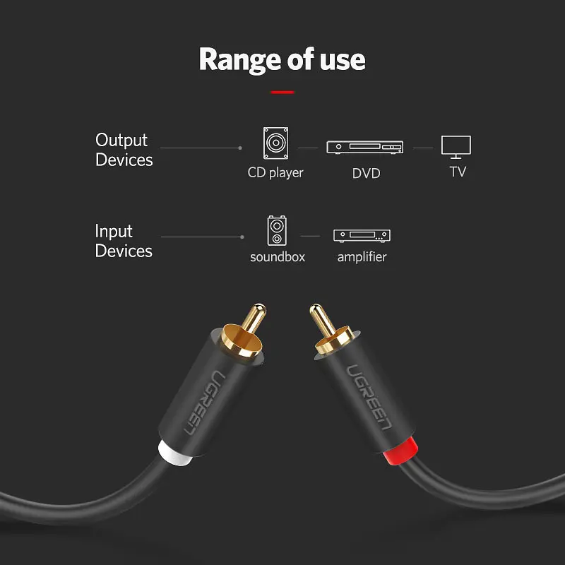 Міжкомпонентний аудіо-кабель Ugreen AV104 2RCA to 2RCA Audio Cable 30747 (Чорний, 1м) - фото 7