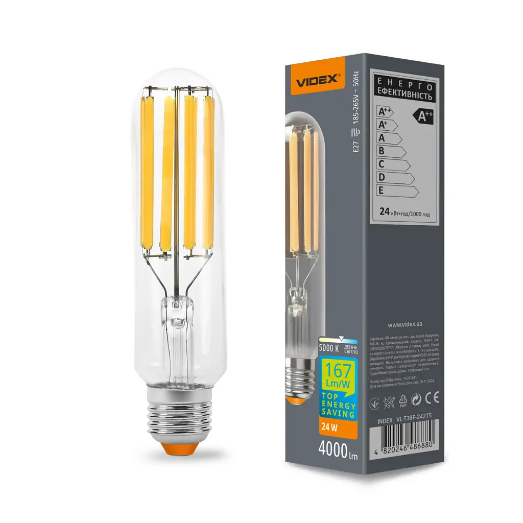 Лампочка Videx LED Filament T38F 24W E27 5000K (VL-T38F-24275) - фото 3
