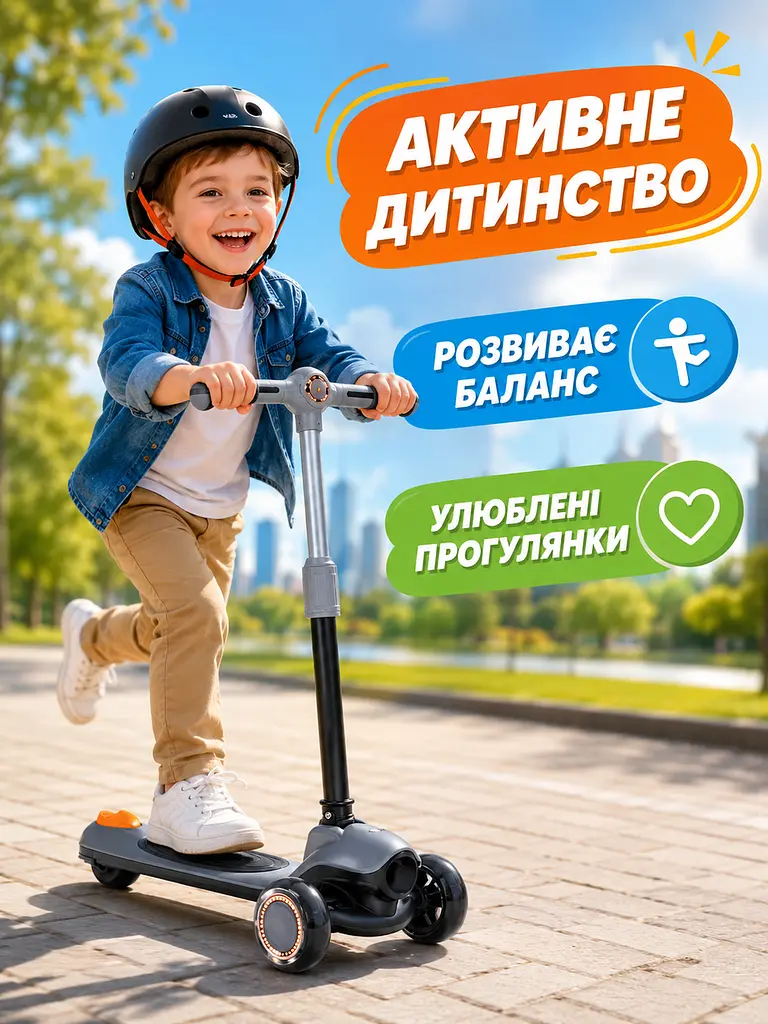 Дитячий самокат триколісний чорний з підсвічуванням коліс музикою та регульованим кермом (49675964) - фото 8