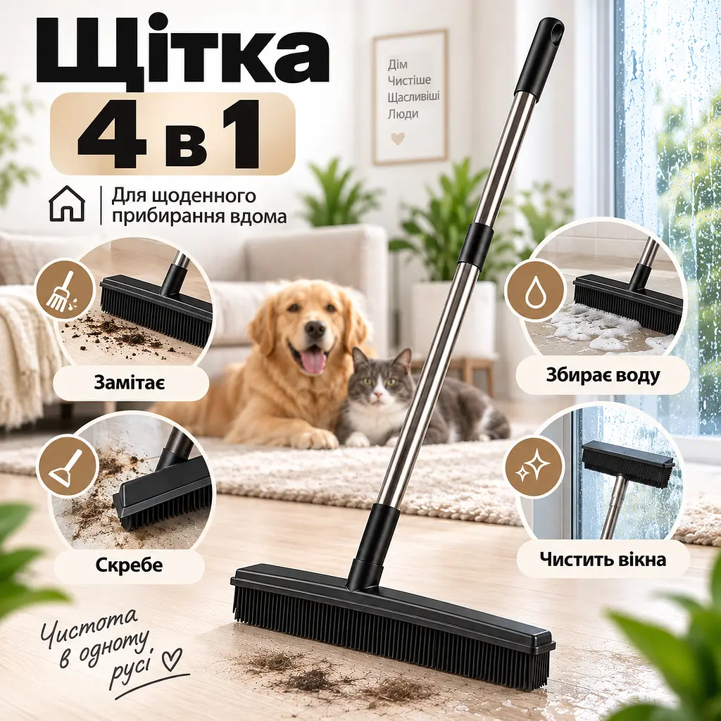 Універсальна гумова щітка-швабра 4 в 1 для підлоги, килимів, шерсті та вікон, ручка з нержавіючої сталі KT9005102 - фото 5