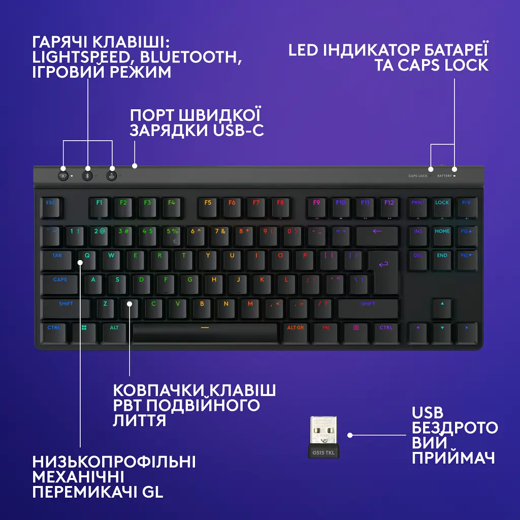 Клавіатура Logitech G515 TKL Lightspeed Tactile Bluetooth UA Black (920-012538) - фото 7