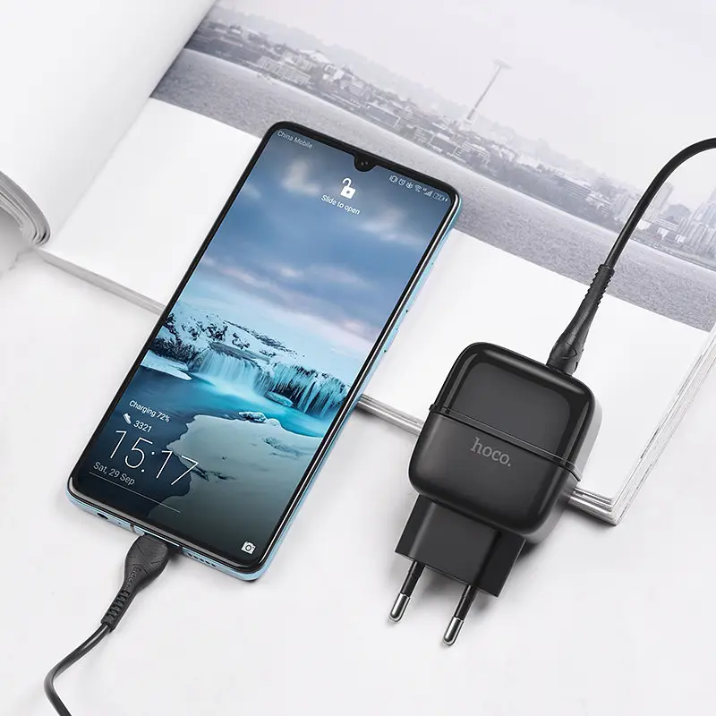 Адаптер мережевий - зарядний блок із кабелем HOCO Type-C Highway C77A 2 порти USB набір чорний - фото 3