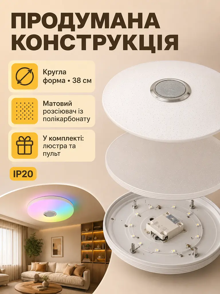 Світлодіодна стельова люстра-світильник RGB з Bluetooth колонкою та пультом (26276280) - фото 7