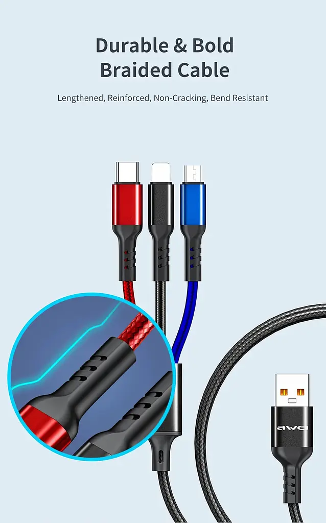 Шнур для заряджання телефону кабель lightning micro usb type c для заряджання Awei CL-971 - фото 7