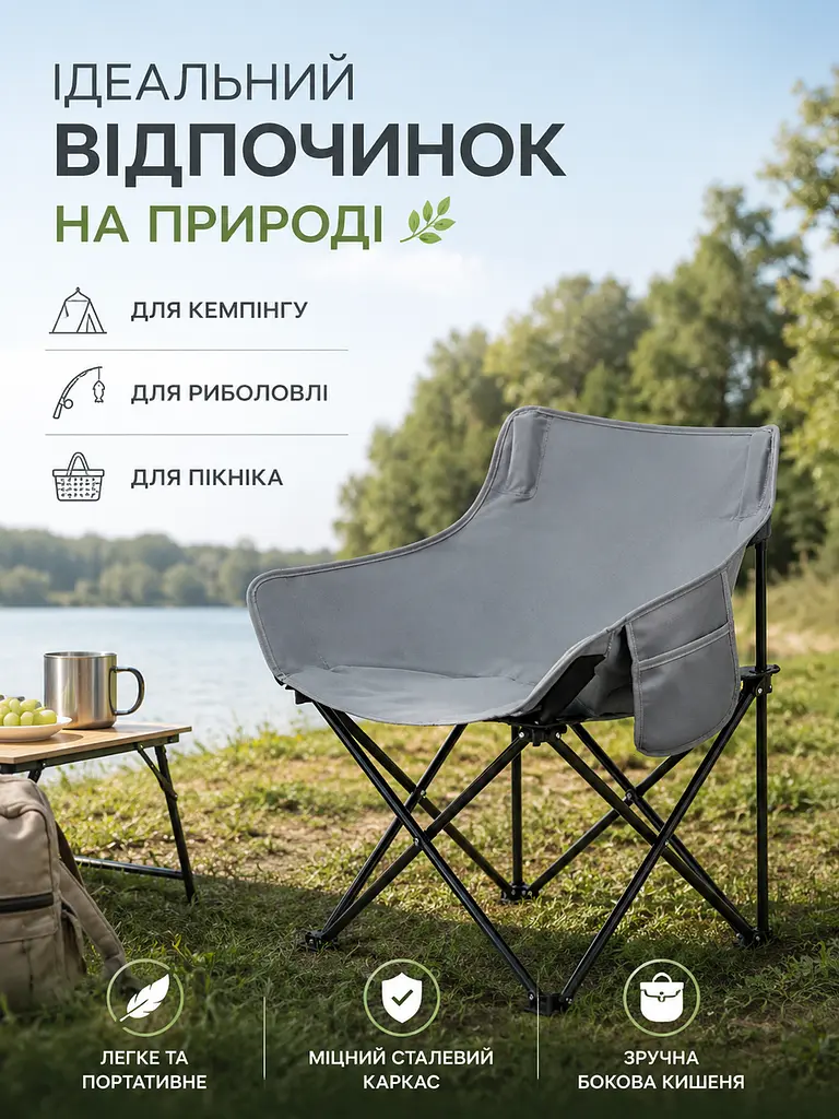 Складаний туристичний стілець 44×44×70 см зі сталевим каркасом до 120 кг сірий (49676148) - фото 4