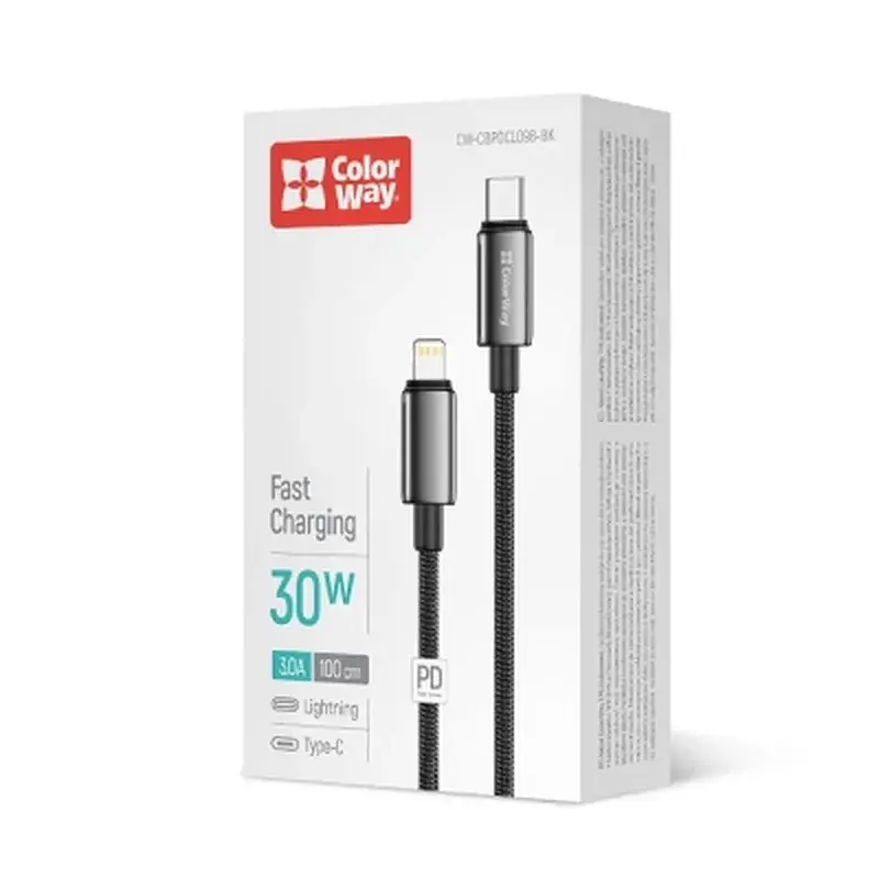 Дата кабель USB-C to Lightning 1.0m PD30W zinc alloy braided black ColorWay (CW-CBPDCL098-BK) - фото 5