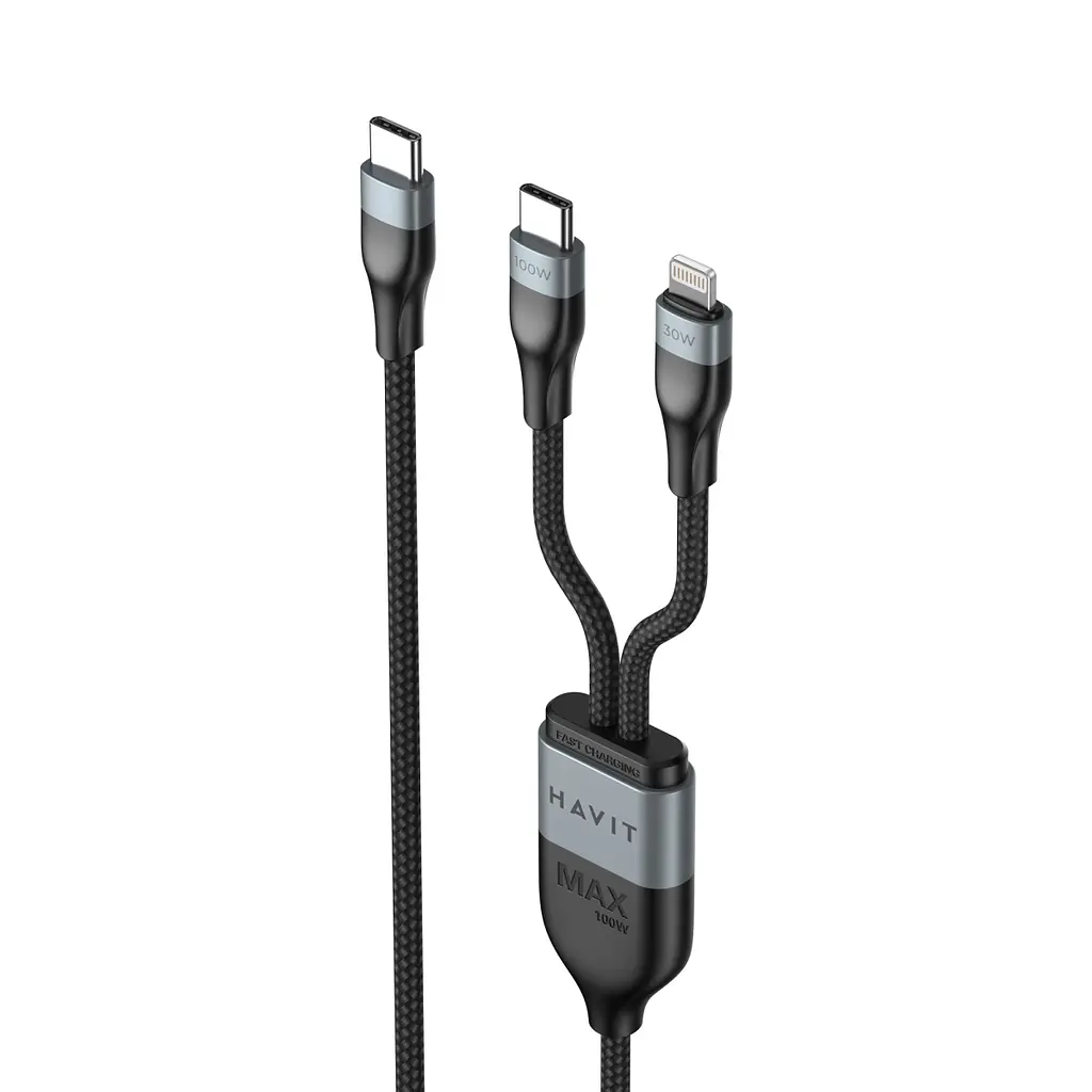Кабель Havit HV-CB6326 PD100W USB-C - USB-C + Lightning 1.2 м черный (HV-CB6326) - фото 2
