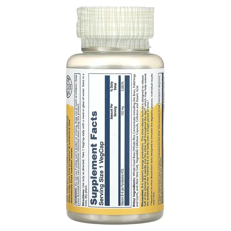 Піридоксин (B-6) Vitamin B-6 100 mg 60 капсул Solaray vit0005124 - фото 2
