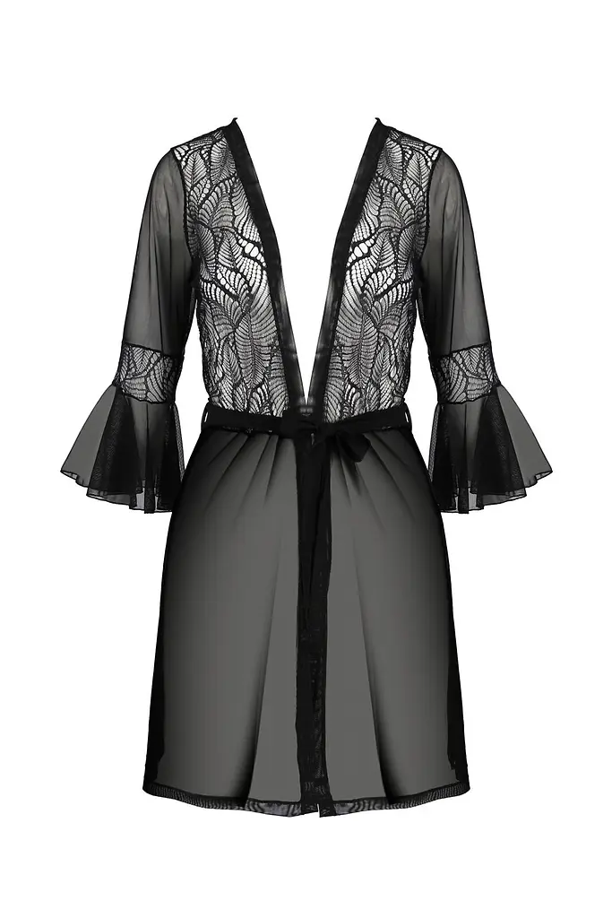 Пеньюар Passion LEAFA PEIGNOIR black S/M, довжина трохи вище коліна, широкі рукави, зав'язується на пояс - фото 3