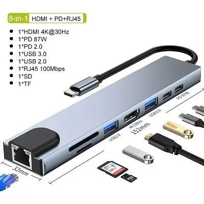 Концентратор Dynamode USB-C 8-in-1 HDMI 4K30Hz + 1xRJ45 + 1xUSB 3.0 + 1xUSB 2.0 + 1xUSB-C PD (BYL-2017L) - фото 10