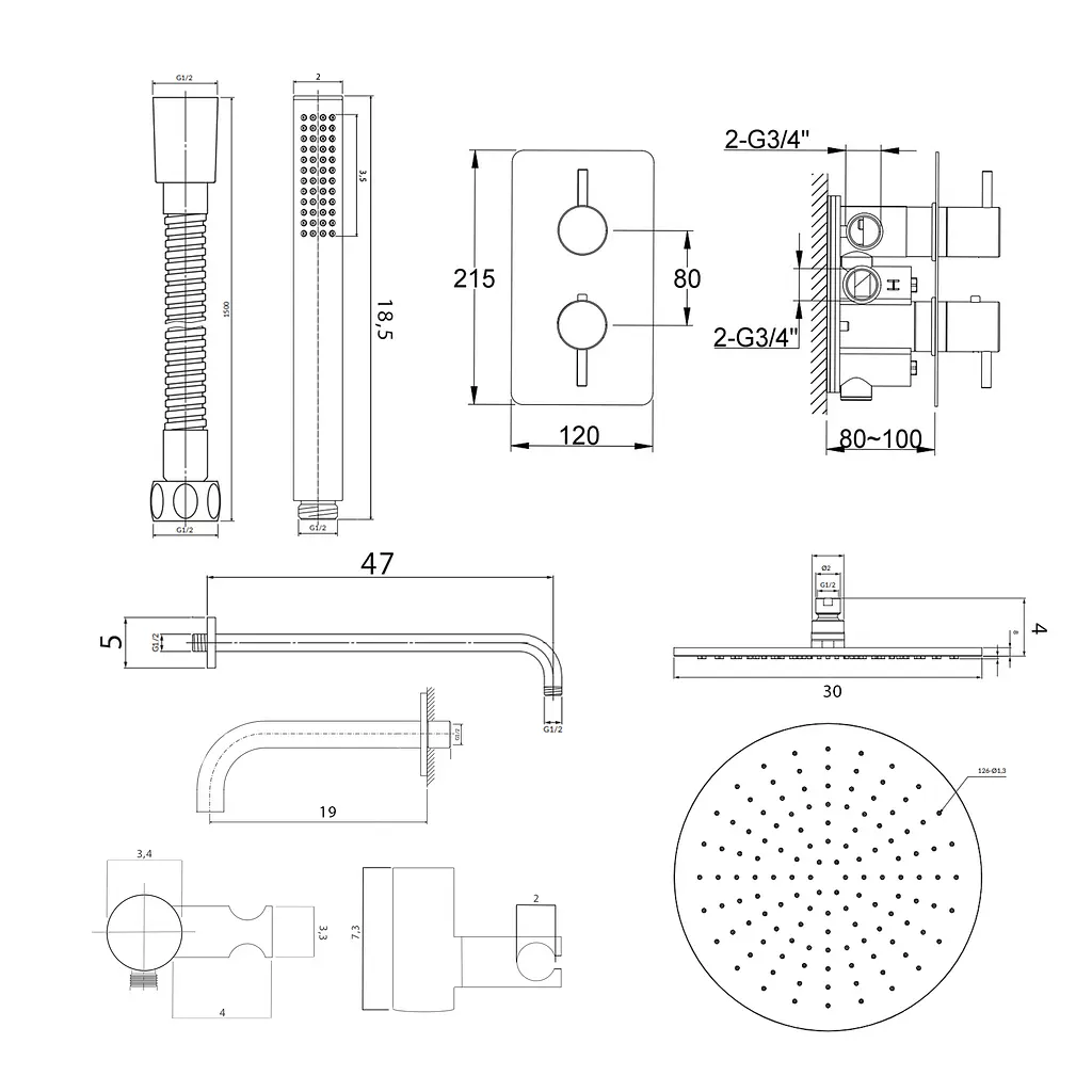 Душева система Kohlman Axel 30 graphite з термостатом + BOX прихованого монтажу KPL-QW433AG30, Графит - фото 7