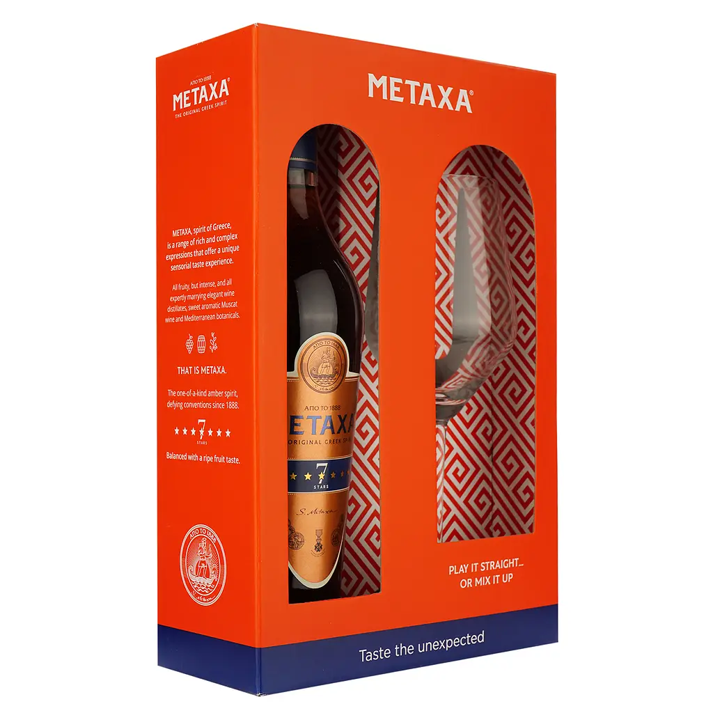 Набір Алкогольний напій Metaxa 7 зірок 38% 0.7 л + келих в подарунковій коробці - фото 2