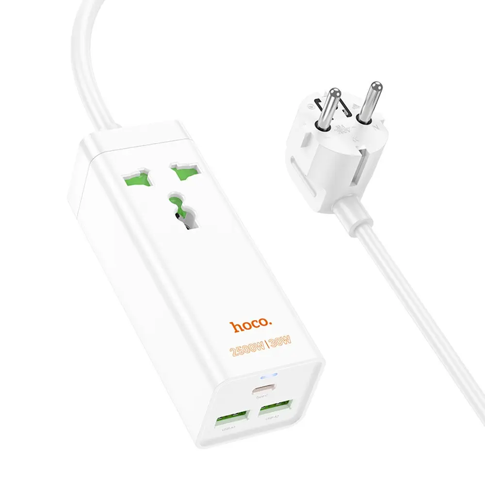Мережевий зарядний пристрій подовжувач Hoco AC9A 2 USB/Type-C PD QC 30W 1 розетка 1.5m білий - фото 3