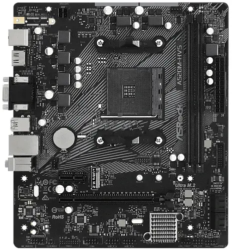 Мат.плата AM4 (A520) ASRock A520M-HVS, A520, 2xDDR4, Int.Video(CPU), 4xSATA3, 1xM.2, 1xPCI-E 16x 3.0, 1xPCI-E 1x 3.0, ALC887, RTL8111H, 6xUSB3.2/6xUSB2.0, VGA/HDMI, MicroATX - фото 2