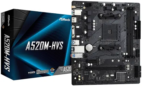 Материнська плата AM4 (A520) ASRock A520M-HVS, A520, 2xDDR4, Int.Video(CPU), 4xSATA3, 1xM.2, 1xPCI-E 16x 3.0, 1xPCI-E 1x 3.0, ALC887, RTL8111H, 6xUSB3.2/6xUSB2.0, VGA/HDMI, MicroATX