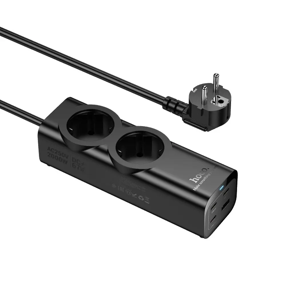 Мережевий зарядний пристрій подовжувач Hoco NS10 USB/3 Type-C PD 67W 2 розетка 2m чорний - фото 5