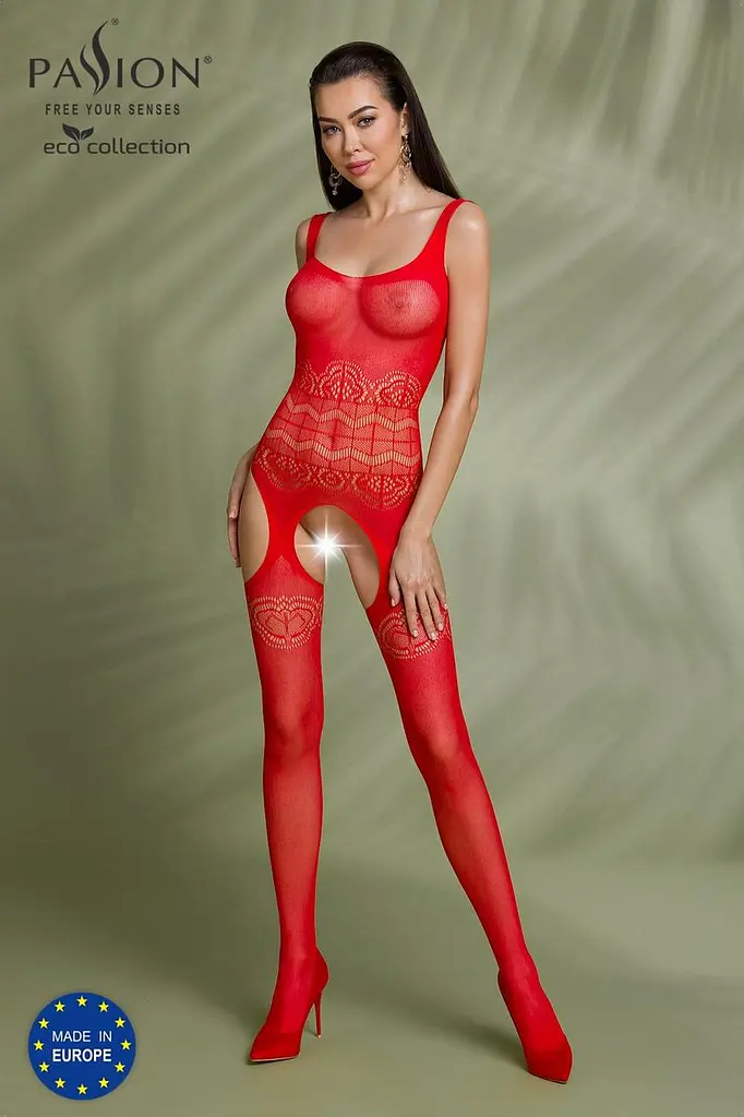 Бодистокинг Passion ECO BS005 плотный открытый доступ имитация подвязок S/M/L red - фото 3