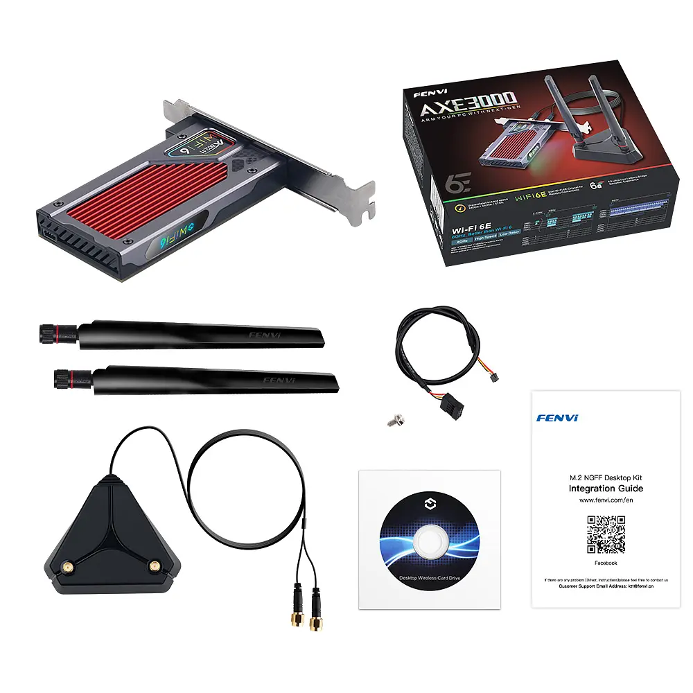 Мережева карта PCI-E x1, Fenvi FV-AXE3000RGB, WiFi 6E (до 2400 Mbps), Bluetooth 5.3, Intel AX210, RGB підсвічування, радіатор, 2 зовнішні антени, підставка - фото 2
