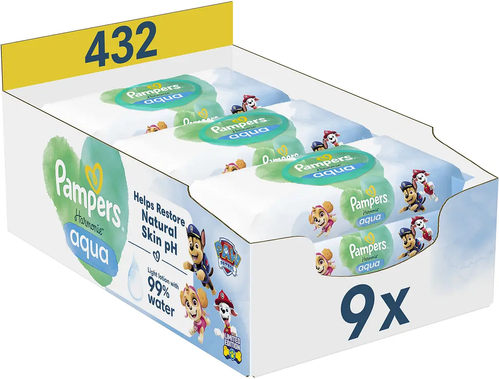 Дитячі вологі серветки Pampers Harmonie Aqua Щенячий Патруль 432 шт. (9 уп. по 48 шт.) - фото 2