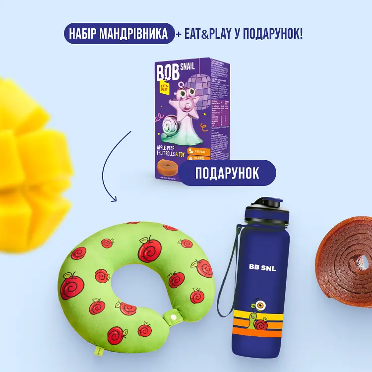 Набір мандрівника: пляшка для води BB SNL Little Fruit Lover 650 мл синя + м'яка подушка для подорожей BB SNL Тревел Баді зелена - фото 3