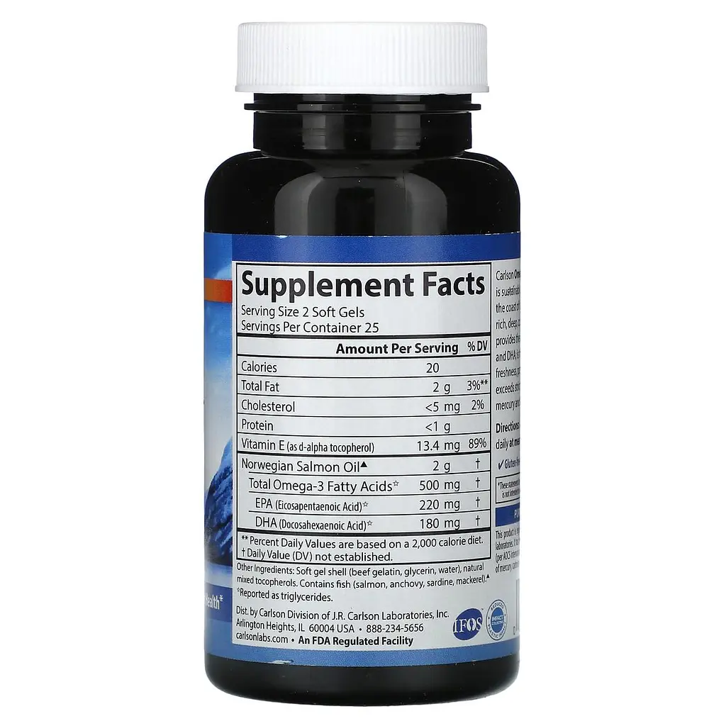 Омега-3 з олії лосося Carlson Omega-3 Enriched Salmon Oil 250 мг 50 гел капс - фото 2