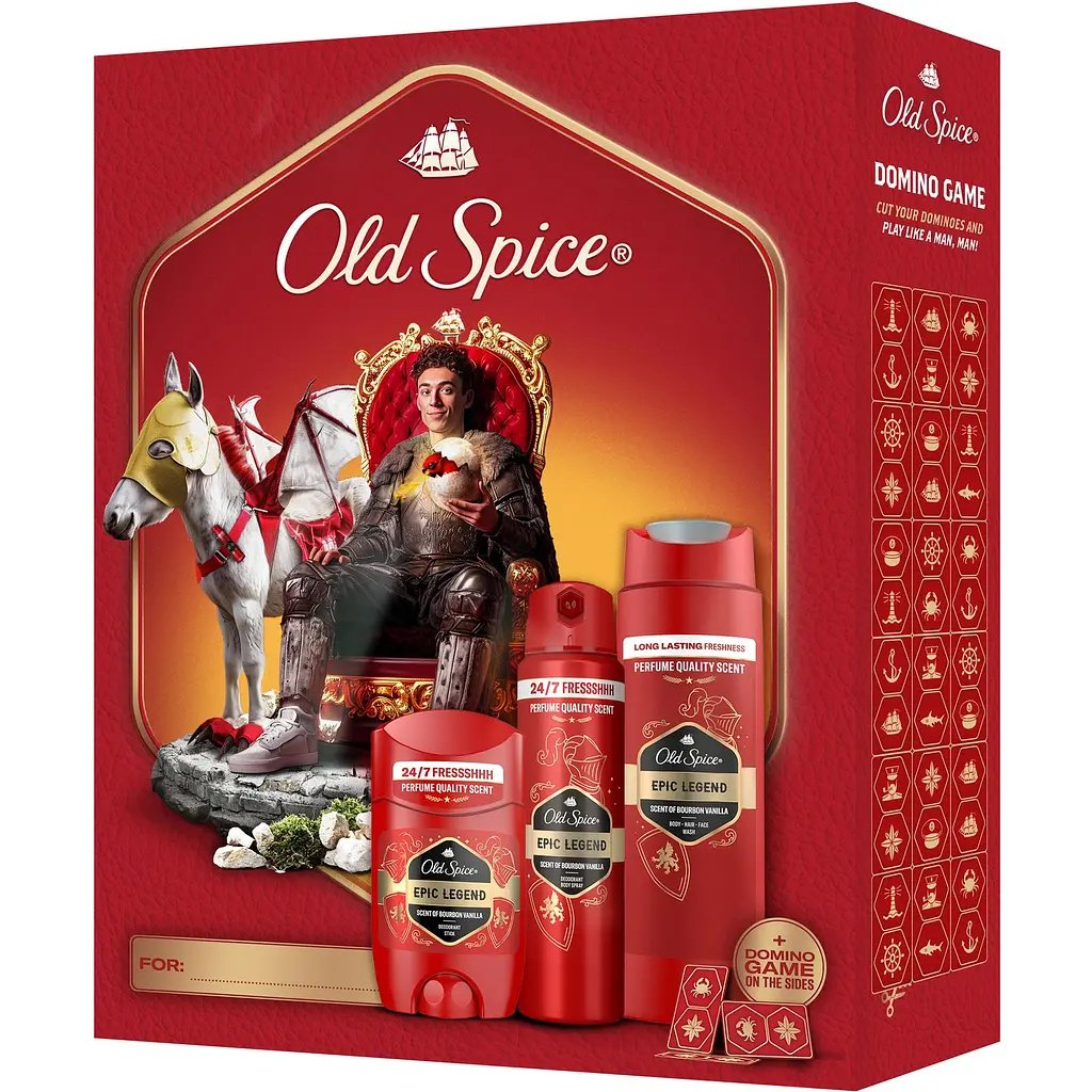 Подарунковий набір Old Spice Knight Epic Legend: аерозольний дезодорант 150 мл + дезодорант-стік 50 мл + гель для душу 3-в-1, 250 мл + гра Доміно - фото 2