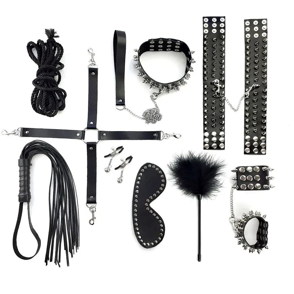 Набір Art of Sex - Spikes BDSM Set LeaTher, 10 предметів, натуральна шкіра, Чорний - фото 2