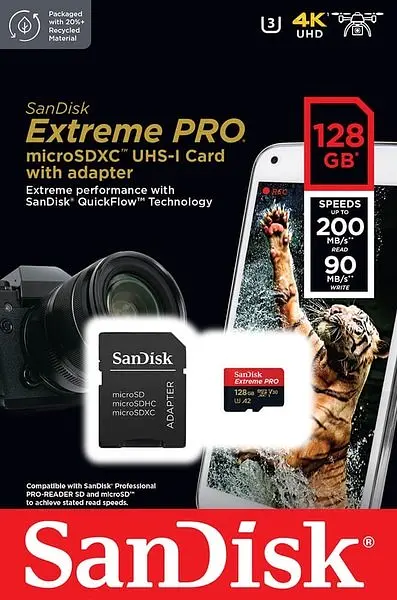 SanDisk microSD 128GB C10 UHS-I U3 R200/W90MB/s Extreme Pro V30 + SD (SDSQXCD... - фото 5