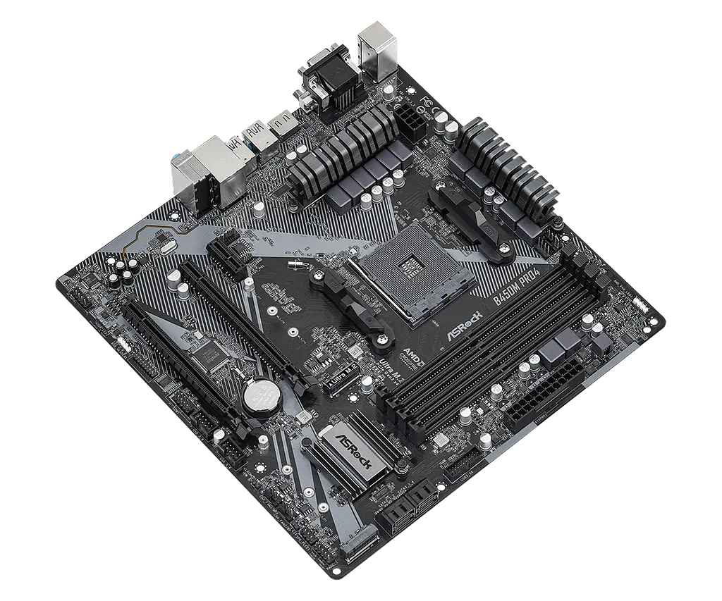 Мат.плата AM4 (B450) AsRock B450M Pro4 R2.0, B450, 4xDDR4, CrossFire, Int.Video(CPU), 4xSATA3, 1xM.2, 1xPCI-E 16x 3.0, 1xPCI-E 16x 2.0, 1xPCI-E 1x 2.0, ALC892, RTL8111H, 8xUSB3.2/4xUSB2.0, VGA/DVI-D/HDMI, MicroATX - фото 4