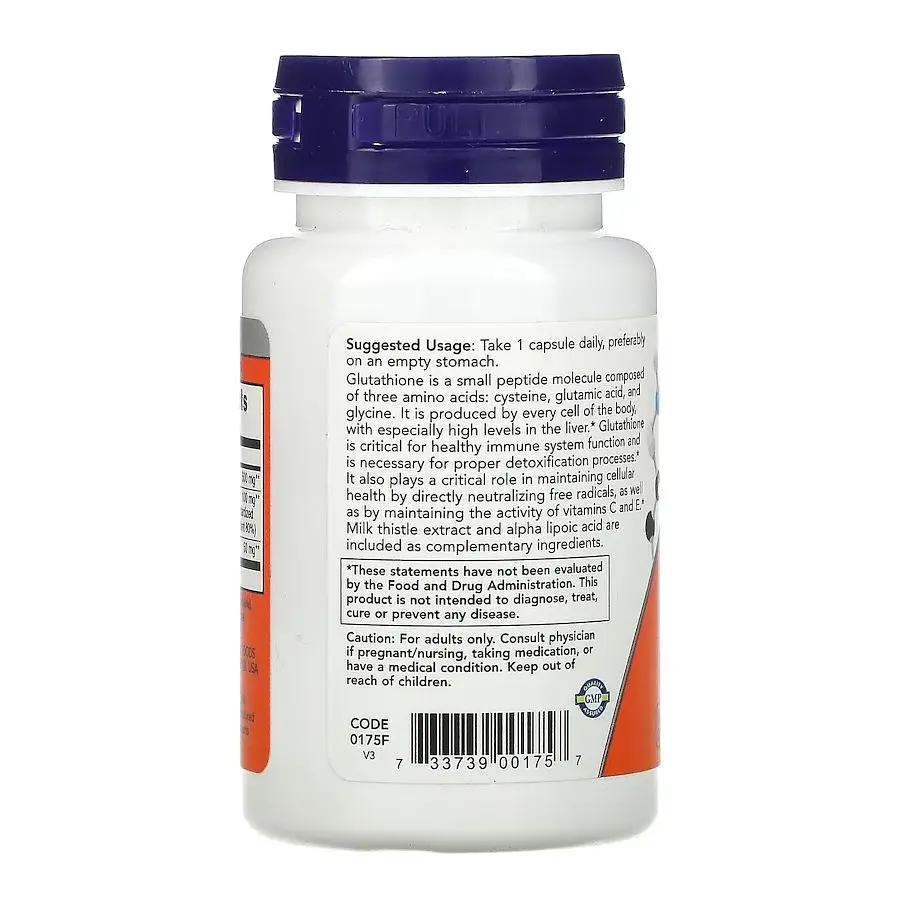 Амінокислота NOW Glutathione 500 mg, 30 вегакапсул - фото 3