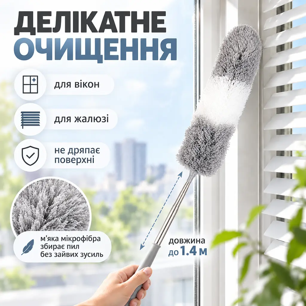 Телескопічна щітка для прибирання пилу до 1,4 м з насадкою з мікрофібри — гнучка щітка для стелі, шаф KT9004303 - фото 10