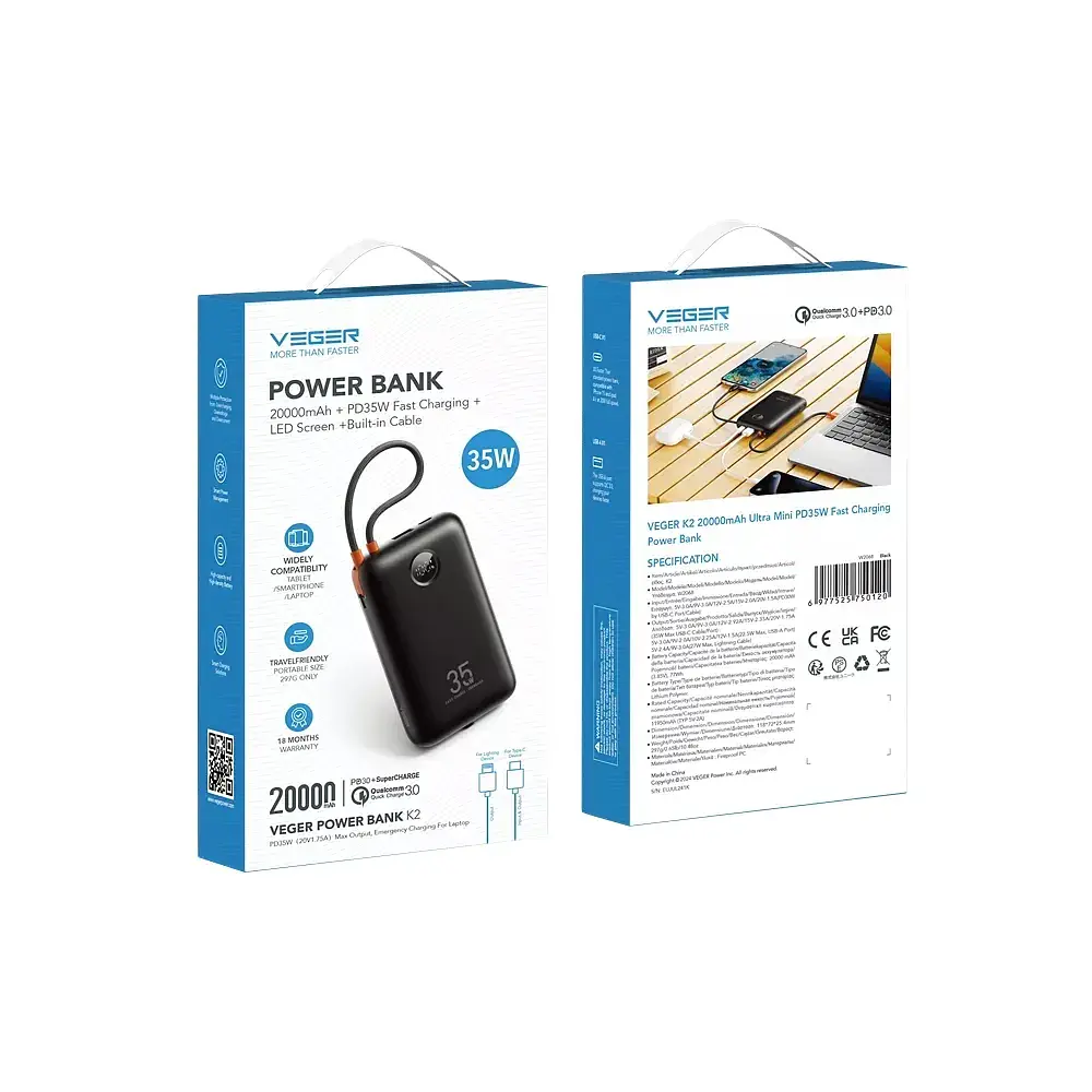 Зовнішній акумулятор VEGER 20000 mAh with built-in cables Type C / Lightning PD QC3.0 35W K2 (W2068) чорний - фото 2