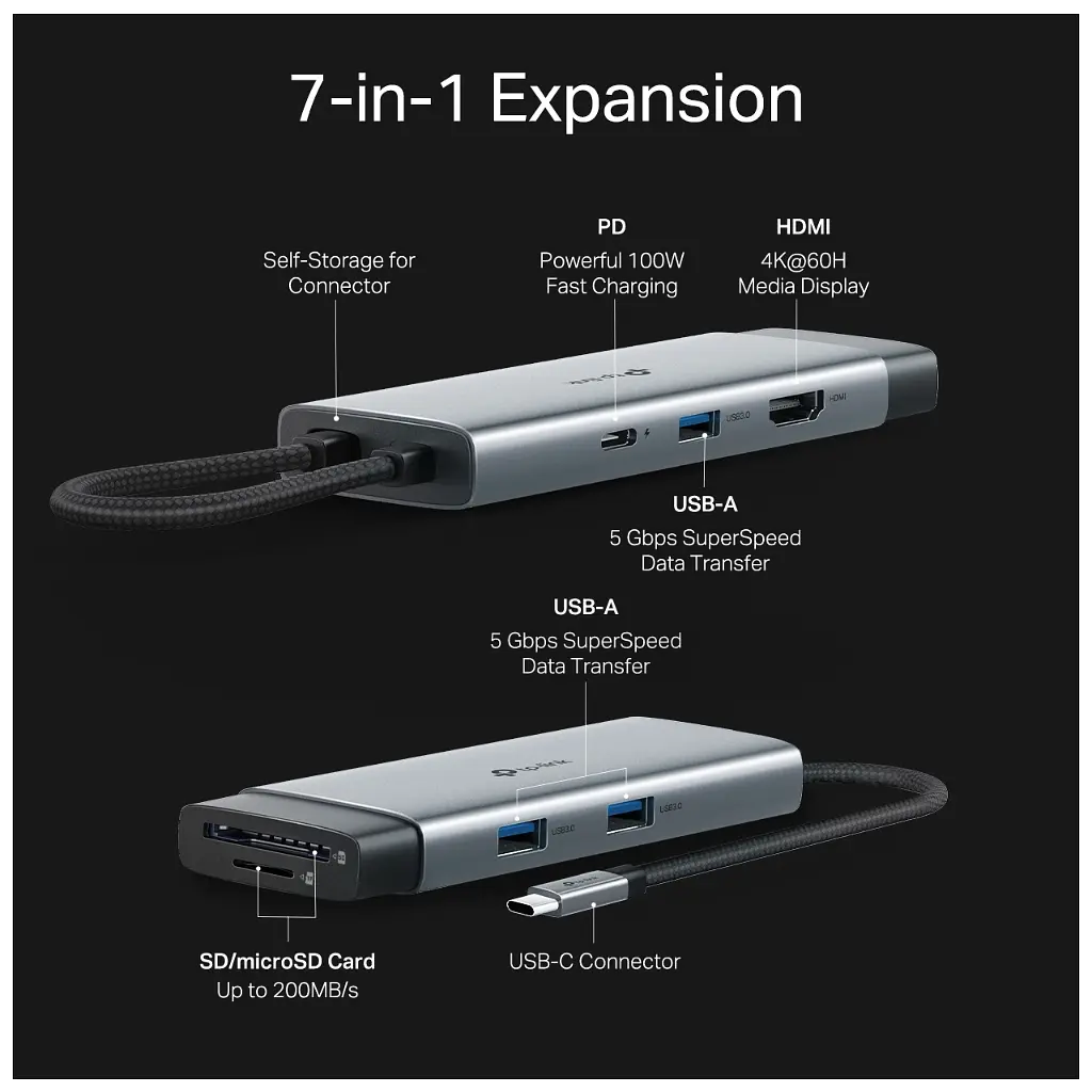 Концентратор TP-Link USB-C 7-in-1 3xUSB + HDMI + SD/TF + USB-C PD100W (UH7021C) - фото 6
