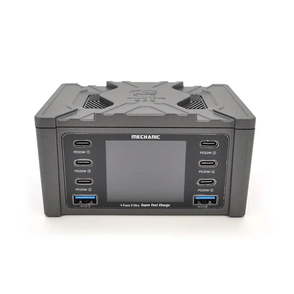 Зарядна станція з цифровою індикацією MECHANIC V-Power 8 Ultra, 2*QC3.0-5В3А,9В2A, 6*PD3.1-(5В/9В/12В/15В)3А,20В2,25A, 220В/160Вт. 114*60*84мм - фото 3
